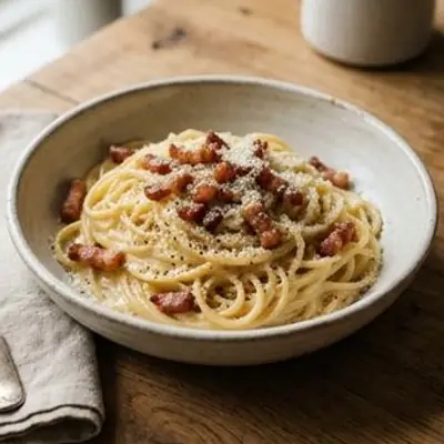 Pasta carbonara med bacon och riven ost